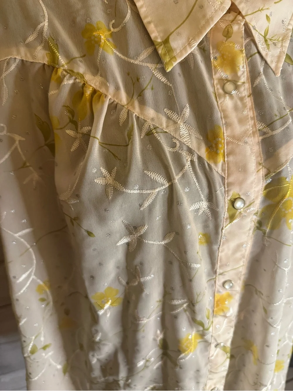 Roper Sheer Floral Button-Up Blouse in Cream and Yellow - Picture 4 of 5